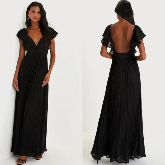 Lulus Dresses & Skirts - Lulu's Black Pleated Flutter Sleeve Backless Maxi Dress Wedding Party Guest NWT